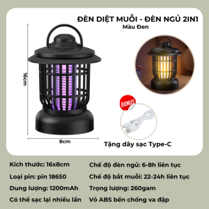 Đèn Bắt Muỗi Đèn ngủ sử dụng công nghê cao Máy Bắt Muỗi Thông Minh 2in1 dùng pin sạc USB tích điện 1200mAh