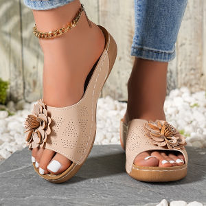 Free Shipping Plus-Size WomenS Shoes 2026 Spring-Summer New Style Wedge Heel Thick-Soled Peep-Toe Slippers For Outdoor Wear With Floral Decoration