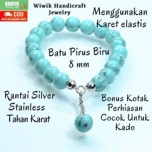 Gelang Tangan Wanita Gelang Batu Cewek Karet dan Stainless Tahan Karat Pirus Turquis 8mm Biru Muda Kado Hadiah Terbaru