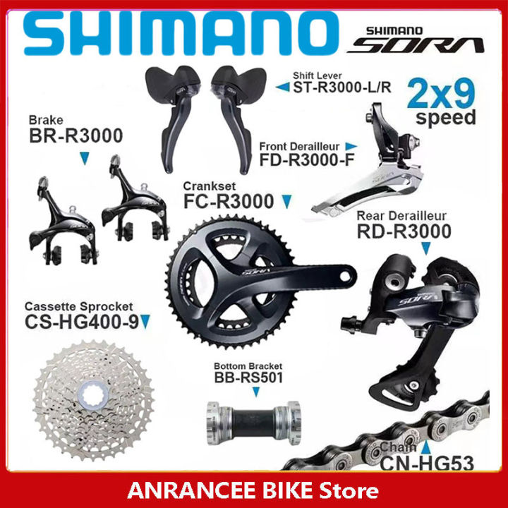 Shimano SORA R3000 Groupset 2x9 Speed Road Bicycle R3000 Crankset 165mm 170mm 175mm 50 34T Shifter Front Derailleur Rear Derailleur HG400 Cassette HG53 Chain With RS501 Bottom Bracket Original Bike Ki...