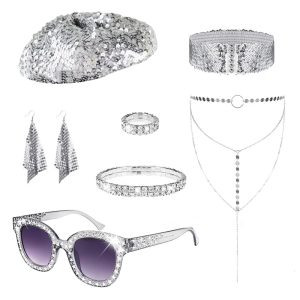 50s 60s 70s 80s Womens Disco Costume Set Lady Disco Accessories Earrings Sunglasses Sequins Caps Neacklace Bracelet