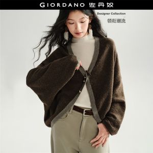 GIORDANO Women Cardigans Contrast V-Neck Cardigans Beaded Accent Drop Shoulder Fashionable Casual Cardigans 18356621