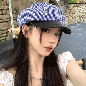 OSF66 Nhà thiết kế Mũ beret kẻ caro Đỉnh phẳng Màu xanh Mũ thủy thủ Mới JK. Mũ Hải Quân Dành cho phụ nữ