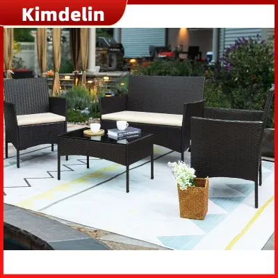 KIMDELIN 4 Pieces Patio Outdoor Rattan Wicker Chair Conversation Garden Backyard Balcony Porch Poolside Furniture Sets with Soft Cushion and Glass Table Brown and Black