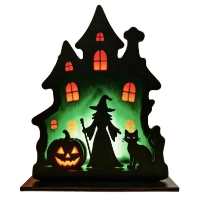 venicenight Solid Wood Halloween Sign Halloween Decoration Spooky Halloween Witch Wooden Table Centerpiece with Black Cat and Castle Tiered Tray Decor for Party Desk Ornament Asia Seasonal Home Decoration