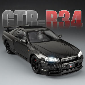1:24 Scale Nissan GTR R34 Carbon Fibre Alloy Car Model Diecast Car Sound Light Car Lovers Collection Kids Birthday Gift Metal Boys Toys