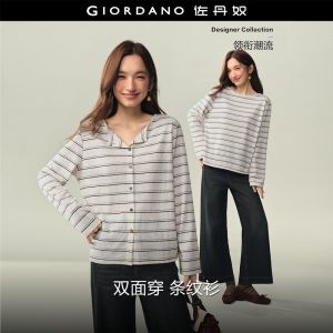 GIORDANO Women T-Shirts Two-Way Wear Striped Knit Tee Round Neck Long Sleeve Fashionable Casual Relaxed T-Shirts 18326314
