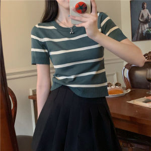 SIM Contrast plain striped knitted short sleeved womens Korean style summer casual loose round neck top