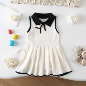 Bear Leader Dress for Kids Girls School Style Polo Girl Pleated White Dresses Summer 2 3 4 5 6 7 Years Baby Girls Sleeveless Bow Casual Sports Wear Clothes