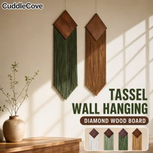 Boho Macrame Wall Hanging Hand Woven Cotton Tassel Tapestry Diamond Wood Board Home Decor