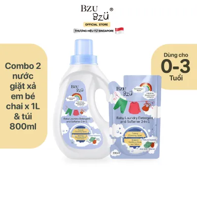 Combo 2 món - Nước Giặt Xả Vải Em Bé BZU BZU Baby Laundry Detergent and Softener 2 in 1 Dịu Nhẹ Cho Da Bé Túi 800ml Và Chai 1L