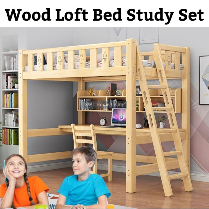 Solid Wood Loft Bed Bunk Bed Study Desk Full Set Space Saving Child