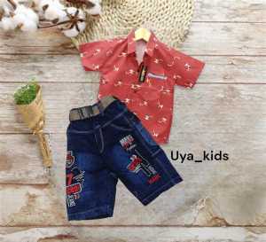 BAJU anak cowok lengan pendek celana pendek usia 6 bulan sampai 1 tahun///setelan kemeja anak cowok termurah celana jeans pendek///satu setel baju anak laki terlaris kemeja anak dengan celana jeans pendek