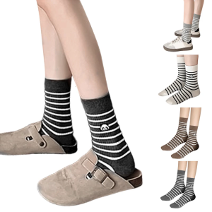 Women Panda Embroidered Preppy Style Middle Tube Calf Socks Korean Student Elegant Cotton Striped Crew Socks Hosiery