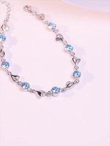 925 Sterling Silver Bracelet For Women Retro Korean Heart Shaped Charm Bracelets Original Bling Blue Crystal Jewelry Party Gifts