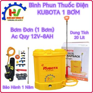 Bình phun thuốc chạy bằng điện KUBOTA 1 Bơm. Dung tích 20L. Hoạt động 6-8h liên tục. Bảo hành 1 năm