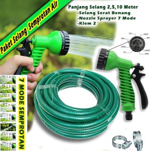 TITIK TIGA  Paket Selang Air Benang Ukuran 1/2 5/8 3/4 Inch Anti Lumut 2 5 10 Meter + Semprotan Nozzle 7 Mode - Paket Selang Taman Kuat Tebal 2mm Semprotan Cuci Motor Mobil Siram Tanaman