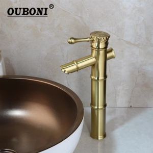 LDIES Brushed Gold Bathroom Basin Faucet Bamboo Art Washbasin Faucet Deck Mounted Hot & Cold Mixer Taps For Lavatory Sink T7H3N