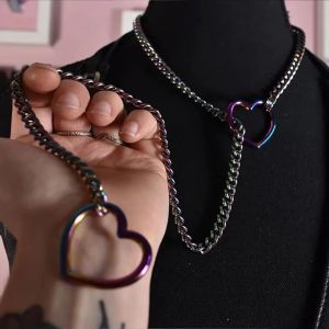 WATER Adjustable Cuban Link Necklace Stainless Steel Long Heart-shaped Necklace Ins Punk O-ring Clavicle Chain Party Jewelry