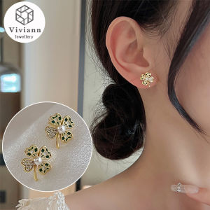 Viviann Original Green Plaid Flower Stud Earrings Flower Drop Earrings for Women Fashion Jewelry Gold colour Rhinestones Pearl Earrings Gift for Party Best Friend
