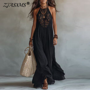 Women’s Halter Neck Maxi Dress New Lace Sleeveless Flowy Loose A-Line Dress Bohemian Casual Solid Hem Beach Holiday Long Dresses2026