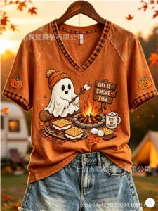 2026 Halloween womens cute ghost party casual wear V Collar Short Sleeve T Shirt for outdoor daily wear soft and comfortable