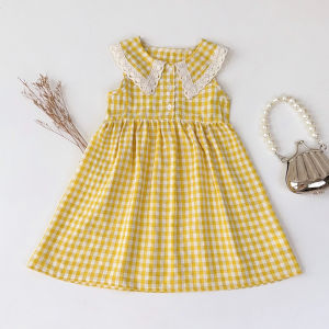 Menoea 3-7 Year Old Summer New Baby Girl Princess Dress Lace Patch Lapel Sleeveless Plaid Print Dress Korean Version Sweet Casual Childrens Clothes