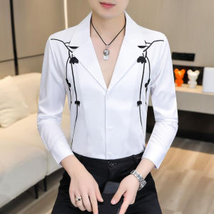 Áo sơ mi nam cổ vest thêu họa tiết hoa lá cực sang chảnh lịch lãm N53