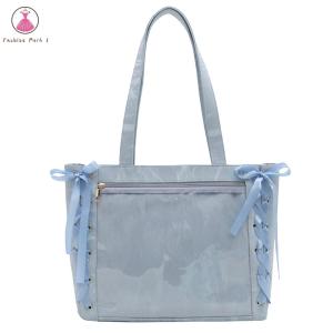 【HOT】Women PU Leather Tote Bag Bow Ribbon Shoulder Bag Transparent Handbag Travel Shopping Bag