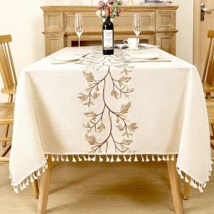 Rustic Embroidery Tablecloths Cotton Linen Coffee Leaves Pattern Rectangle Waterproof Table Covers for Kitchen Living Room Decor2026