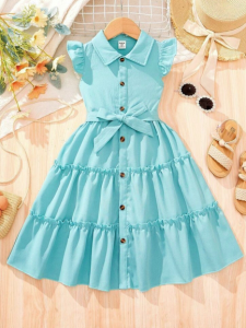 LILIAN Dress Anak Perempuan Cringkel dengan Ruffle dan Lengan Kupu-Kupu - Warna Cerah untuk Usia 3-9 Tahun