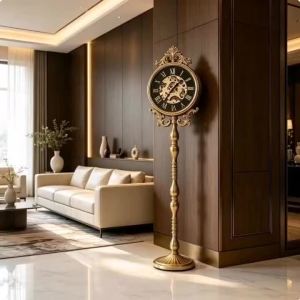 FFBH Nordic Gear Floor Clock Decor Watch Living Room with Tape Lights Vintage Golden Floor Clocks Large Silent Home Decoration 5T9N4