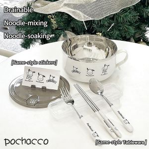 UFANSM Large Capacity Instant Noodle Bowl With Lid 304 Stainless Steel Drain Bowl Cartoon Cute Pochacco Ramen Bowl Kitchen Utensils