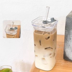 JJT Modern Square Glass Tumbler with Lid and Straw for Iced Coffee Milk and Daily Drinks