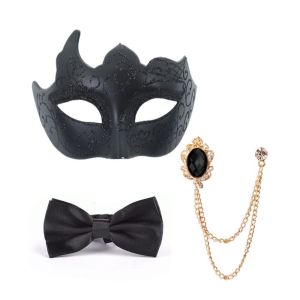 BESTOUR 3 piece set Half Face Dance Brooch Set Party Cosplay Gentleman Masquerade Prom Costume Accessory Painted Glossy Bow Tie Set Costume Party