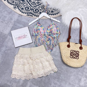 set bikini ren đi biển nữ 2 món thiết kế gồm 1 bra tua rua sắc màu mix quần sooc tầng giả váy