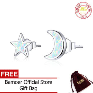 BAMOER Open Moon and Star Stud Earrings for Women 100% Real 925 Sterling Silver Wedding Engagement Statement Jewelry SCE875