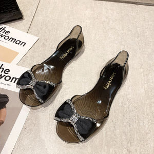 [Free Shipping] New WomenS Jelly Shoes With Transparent Rhinestone Bows Korean Style Beach Sandals Non-Slip Fish Mouth Flat Shallow Sandals