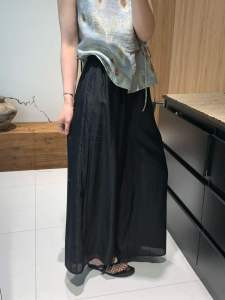Women New Chinese Style Lyocell Wide Leg Pants High Waist Elastic Waist Breathable Oriental Casual Trousers Black M