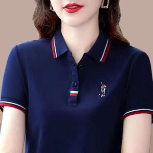 【Cotton】Korean Style Fashion Casual Sport Polo Shirt Ladies New Lapel Short Sleeve Cotton T-shirt Women Plus Size Stretch and thin Stand collar Tops polo tees