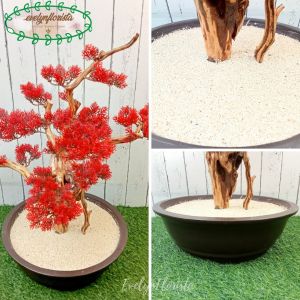 Pohon Hias Artificial Bonsai Daun Lohansung Merah / Orange Pot Semen Hiasan Ruang Kantor
