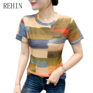 REHIN Summer Colorful Stripe Print Slim Fit Round Neck Short Sleeve T-Shirt Elegant Womens Top (S-3XL)