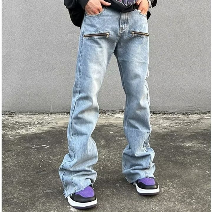 2023 Y2K Fashion Zipper Retro Washed Baggy Flare Jeans Pants Men Streetwear  Hip Hop Wide Leg Straight Denim Trousers Ropa Hombre