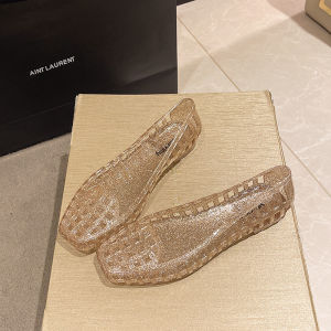 [Free Shipping] Decorated Flat Beach Fashion Versatile Summer Shallow Korean Jelly Sandals Crystal Square-Toed Shoes Clogs for Women