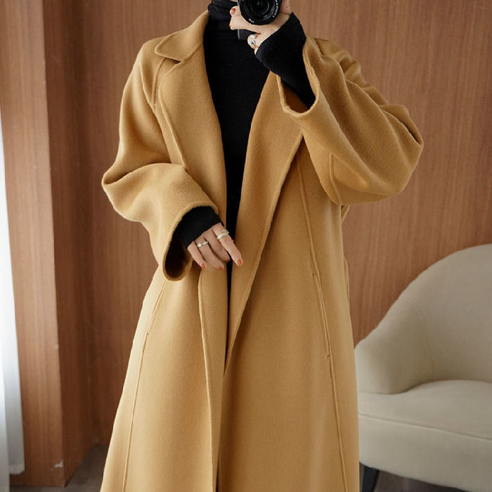 Ultra Long Wool Winter Jacket Coat Women's French Waistband Silhouette  Trench Coat