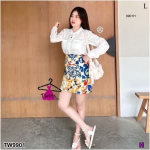 P9901 Set เสื้อเชิ้ตคอจีน + กระโปรงพิมลาย