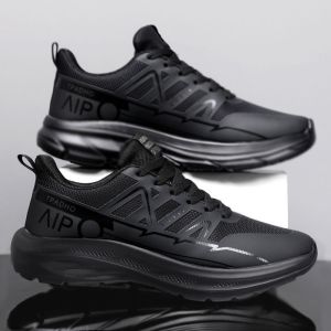 Black athletic shoes with mesh upper and thick sole. Breathable design lightweight sporty style suitable for running or casual wear.