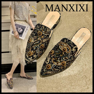 MANXIXI Korean Version Fashion Women Beautiful Pearl Inlay Flat Mules Sandals (35-39 Size)