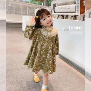 KID FASHION Dress Anak Perempuan Lengan Panjang Gaun Anak Cewek Motif Bunga Katun Kerah Renda 1-4 Tahun
