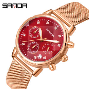 SANDA Womens Fashion Red Quartz Watches Ladies Leather Strap Casual Waterproof Wristwatch Gifts for Wife